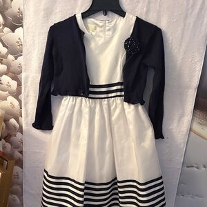 Girls White and Black Striped Party Dress with Black Cardigan